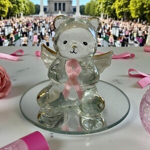 Cancer Awareness Glass Bear Figurine w/ Pink Ribbon & Gold Accents-Angel Wings